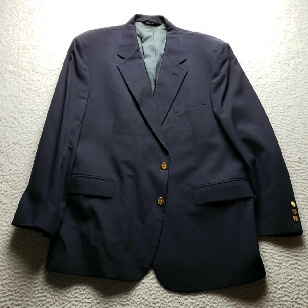 John Alexander Blazer Mens 46R Navy Blue Worsted Wool Gold Button Sport Coat